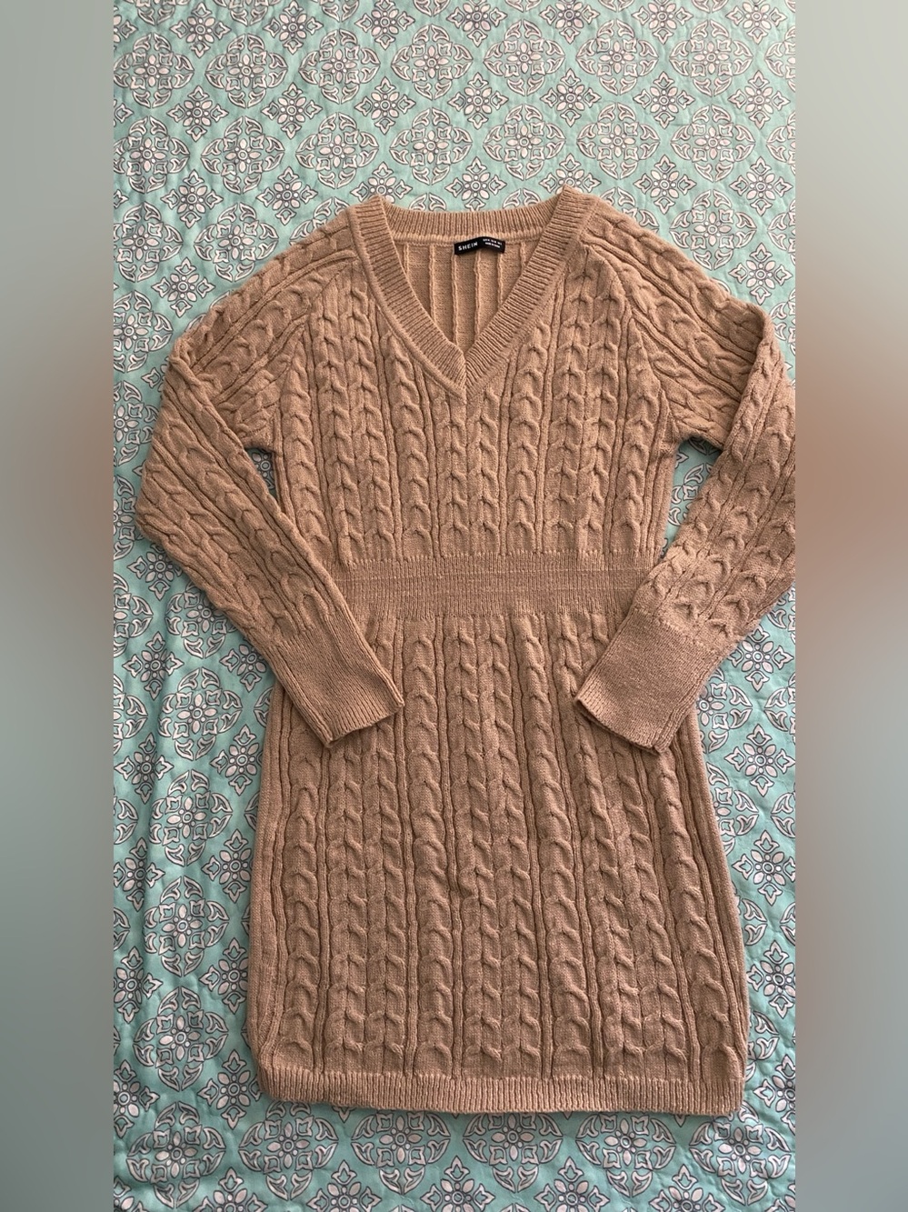 Cable Knit V-Neck Sweater Dress